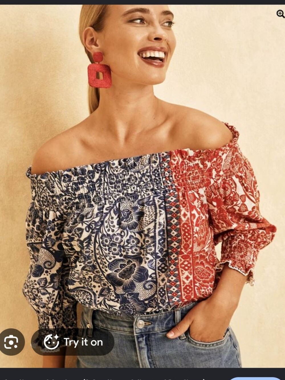 Chico's Off-the-Shoulder Mixed Print Top in Red and Navy Size 8